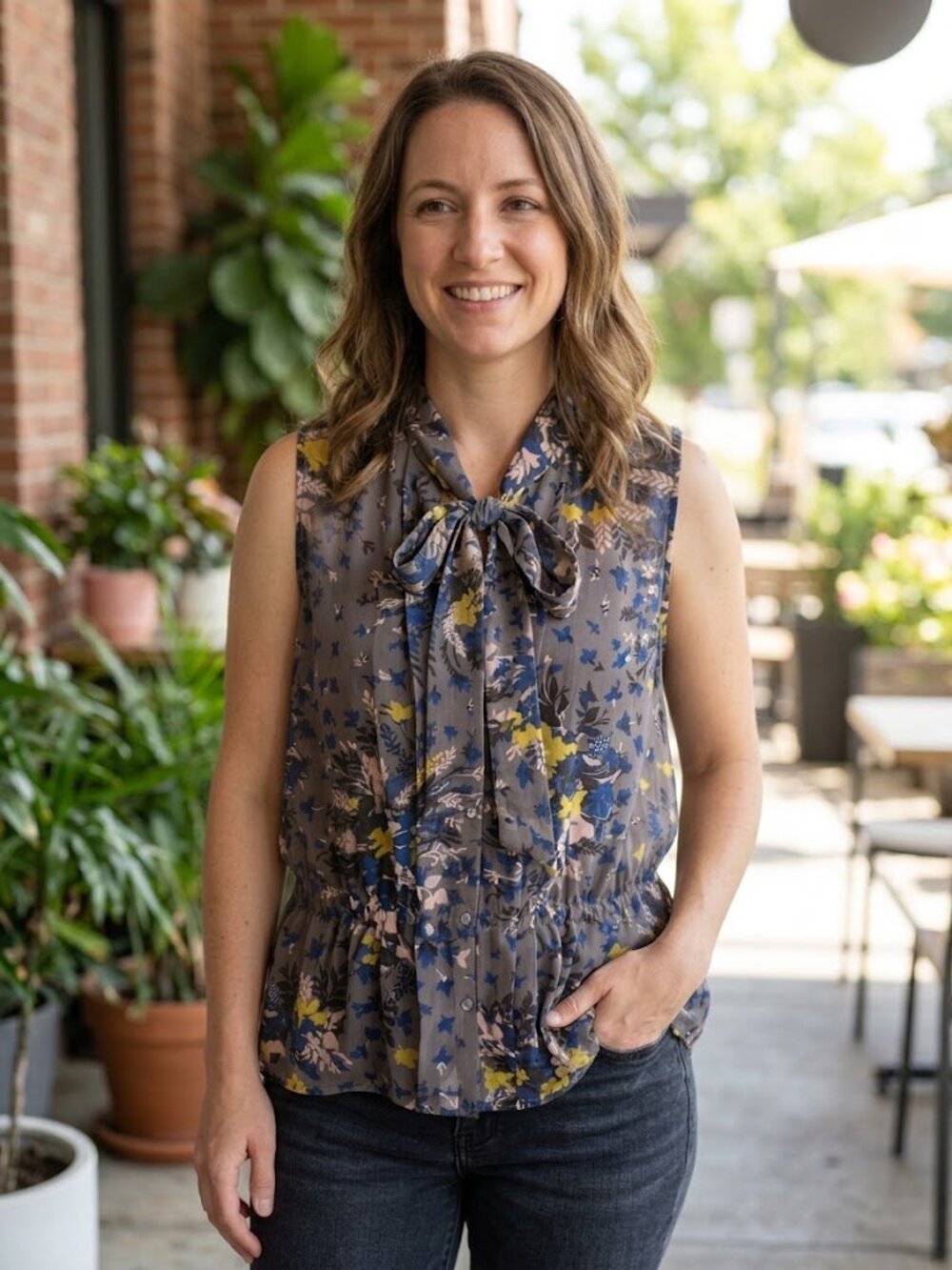 Loft Sleeveless Chiffon Tie-Neck Floral Blouse